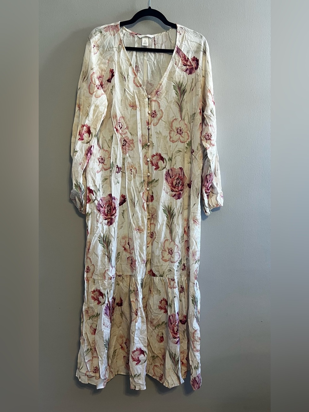 H&M Cream Floral Long Sleeve Button-Front Maxi Dress | Women’s Small